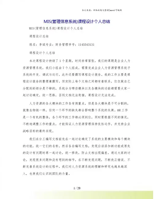 MIS(管理信息系统)课程设计个人总结