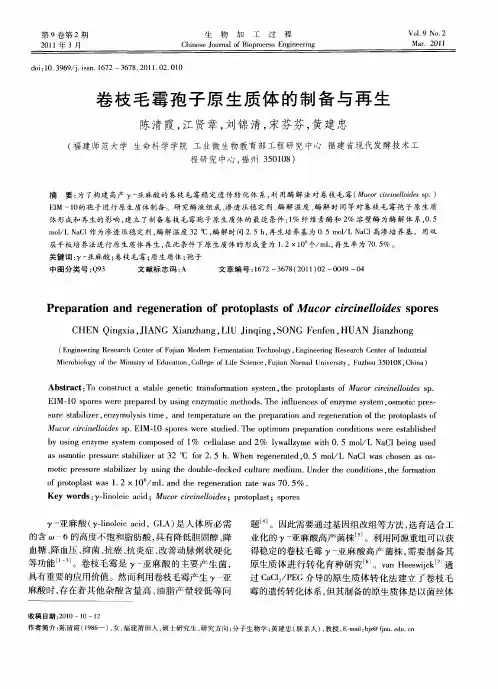 卷枝毛霉孢子原生质体的制备与再生