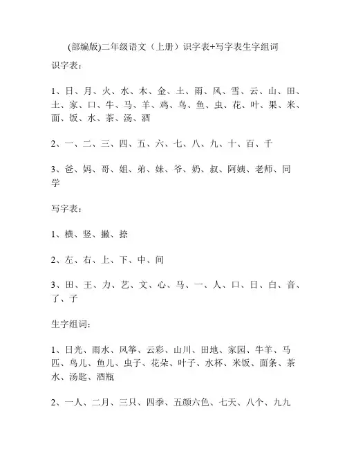 (部编版)二年级语文(上册)识字表+写字表生字组词