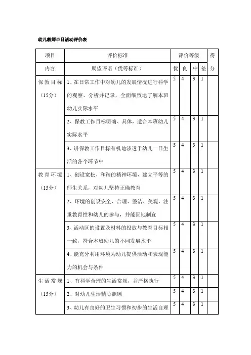 幼儿园幼儿教师半日活动评价表