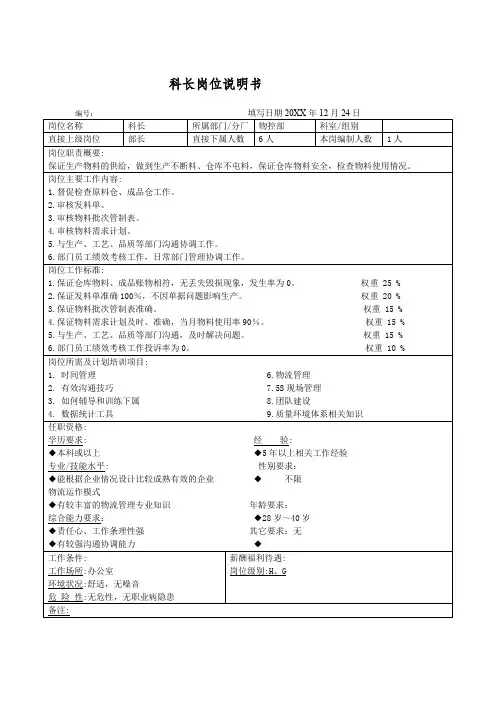 科长岗位说明书