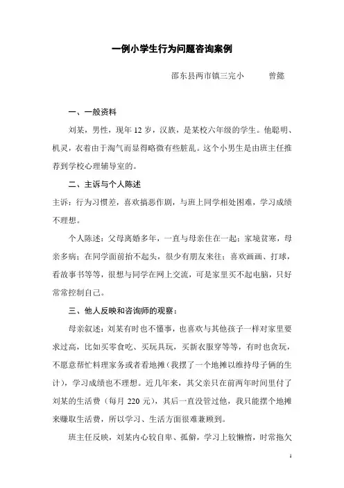 一例小学生行为问题咨询案例