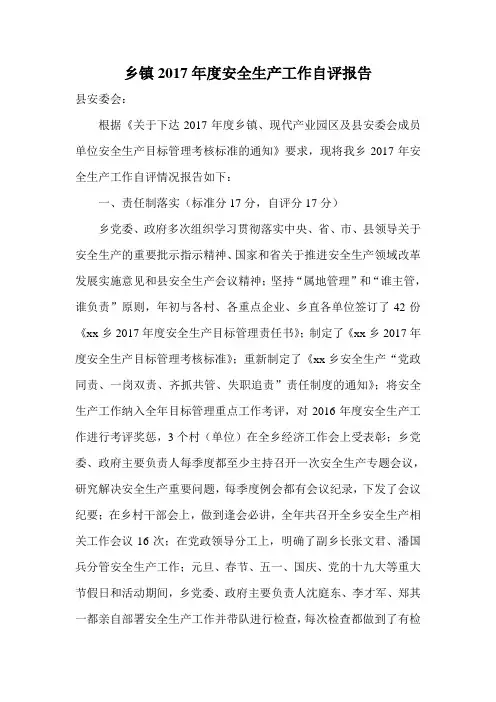 乡镇2017年度安全生产工作自评报告