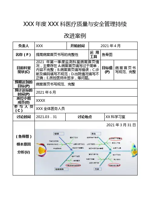 XXX年度XXX科医疗质量与安全管理持续改进PDCA案例-提高病案首页书写的完整性