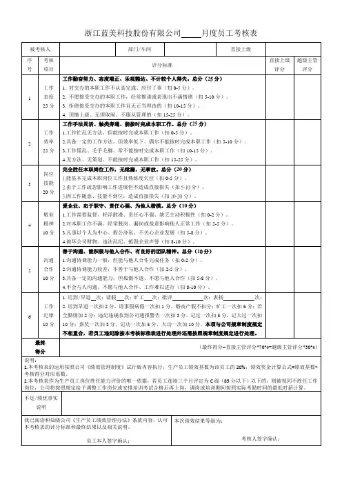 生产员工绩效考核表