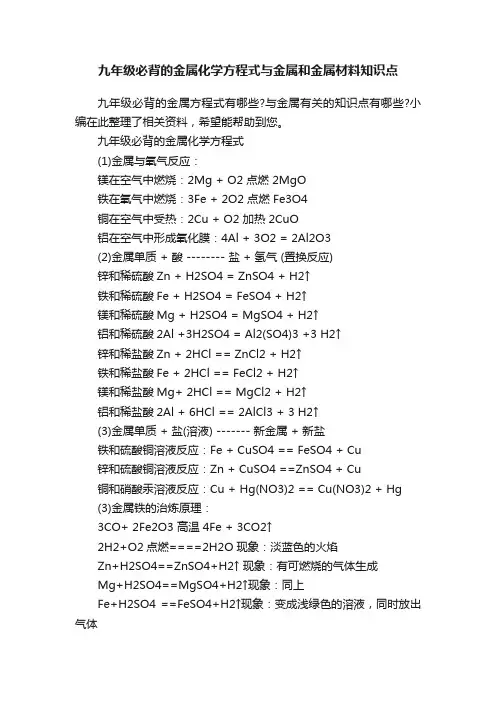 九年级必背的金属化学方程式与金属和金属材料知识点