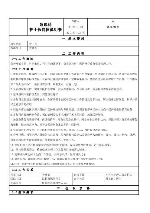 急诊科护士长岗位说明书