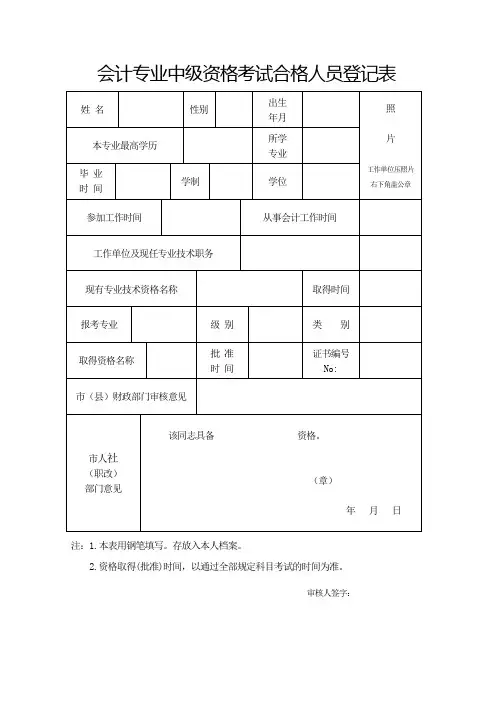 会计专业中级资格考试合格人员登记表