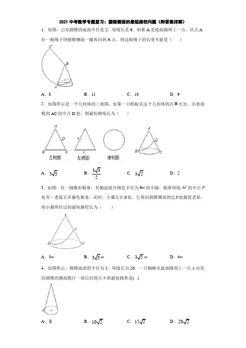 2021中考数学专题复习：圆锥侧面的最短路径问题(附答案详解)