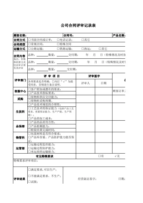 公司合同评审记录表参考模板