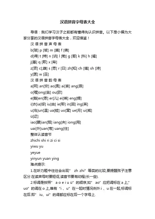汉语拼音字母表大全