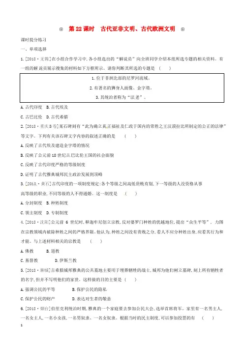 苏教版2019江苏中考历史界古代史第22课时古代亚非文明古代欧洲文明习题含答案