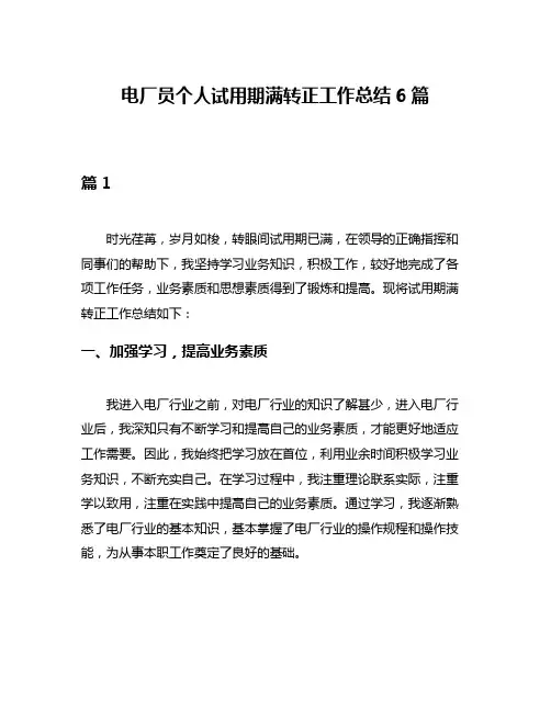 电厂员个人试用期满转正工作总结6篇