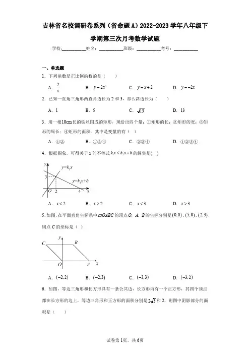 吉林省名校调研卷系列(省命题A)2022-2023学年八年级下学期第三次月考数学试题