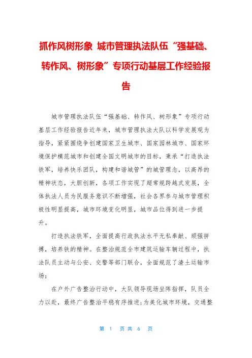 抓作风树形象 城市管理执法队伍“强基础、转作风、树形象”专项行动基层工作经验报告