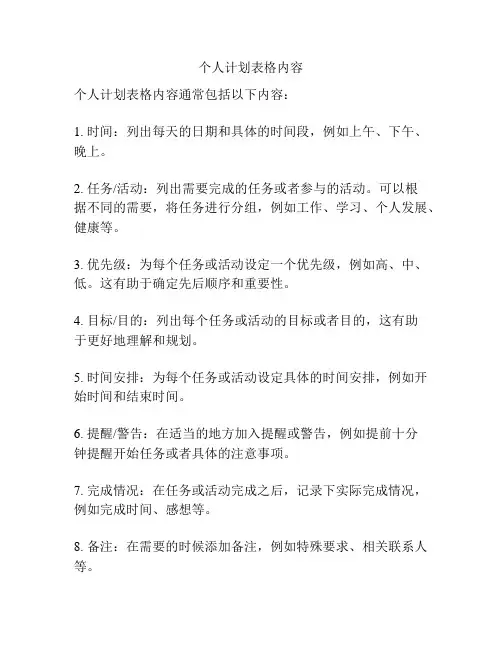 个人计划表格内容