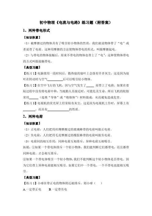 初中物理《电流与电路》练习题(附答案)