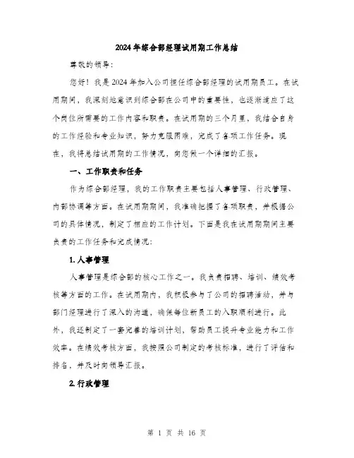 2024年综合部经理试用期工作总结（5篇）