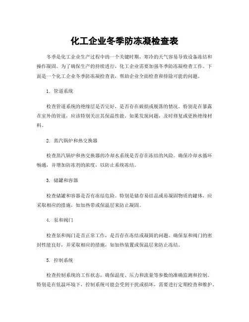 化工企业冬季防冻凝检查表