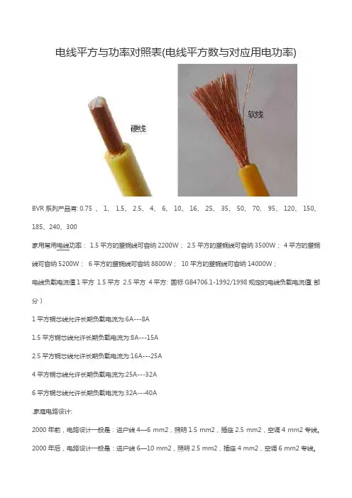 铜线平方与功率对照表
