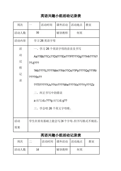 小学英语兴趣小组活动记录