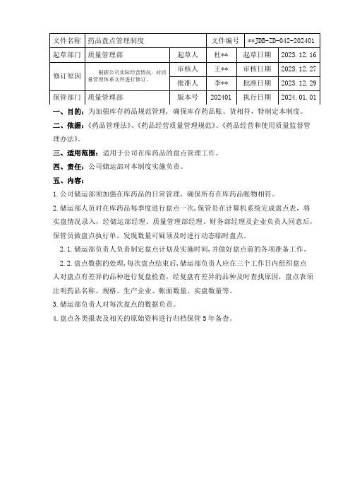 药品盘点管理制度