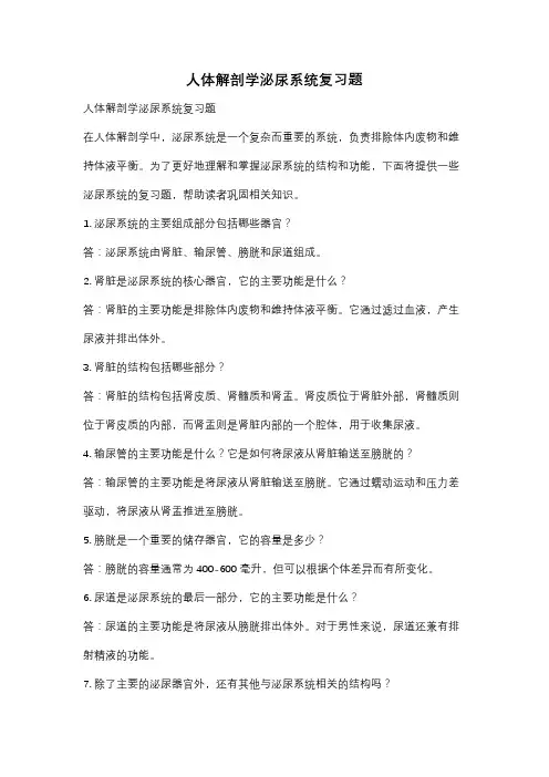 人体解剖学泌尿系统复习题