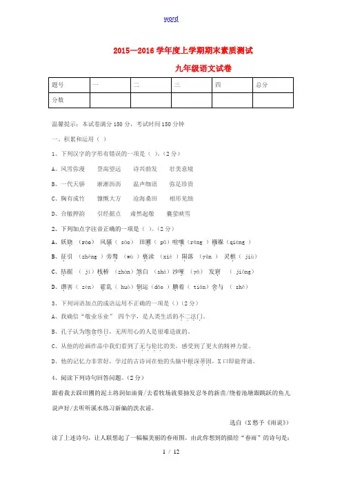 内蒙古赤峰市宁城县九年级语文上学期期末试题 新人教版-新人教版初中九年级全册语文试题