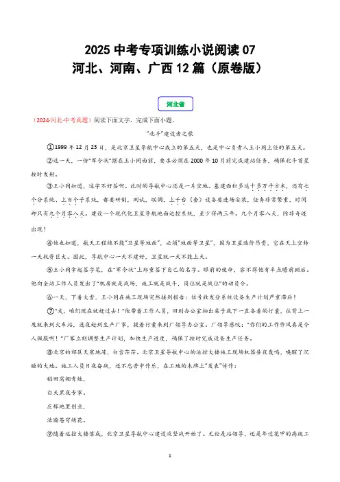 2025中考专项训练小说阅读07 河北、河南、广西12篇(原卷版)