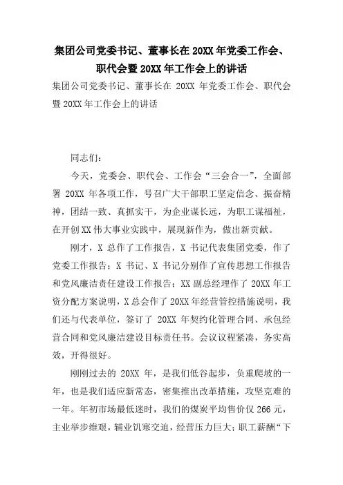 集团公司党委书记董事长在20XX年党委工作会职代会暨20XX年工作会上的讲话
