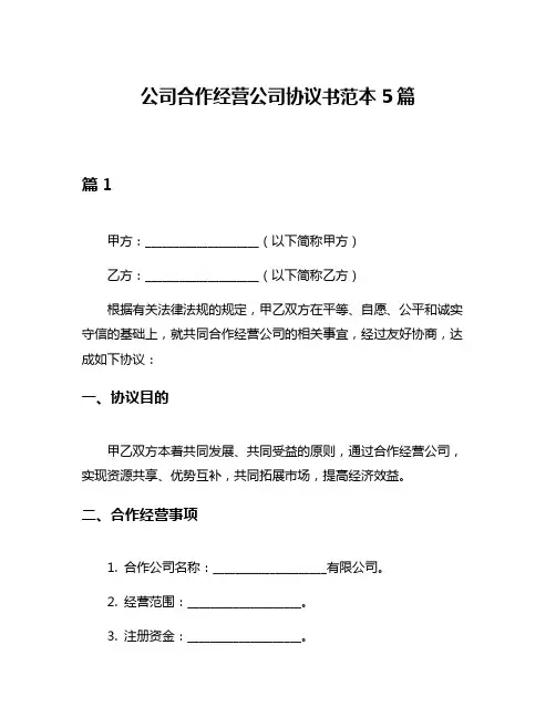 公司合作经营公司协议书范本5篇