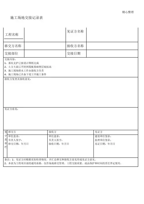 现场施工场地移交表格模板