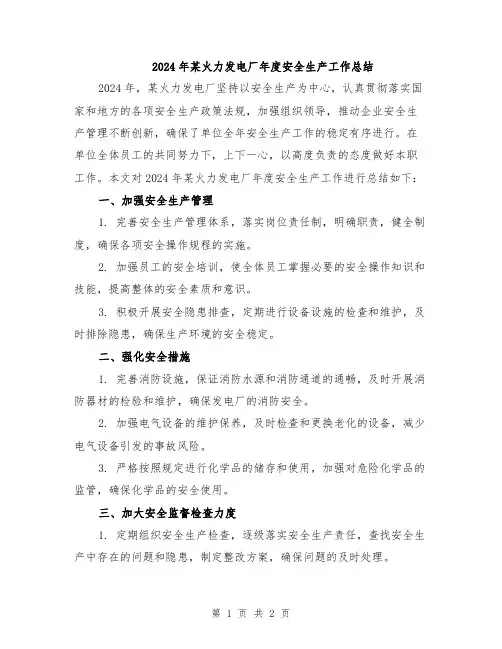 2024年某火力发电厂年度安全生产工作总结