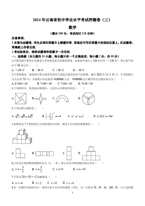 2024年云南省楚雄彝族自治州双柏县中考三模数学试题(含答案)