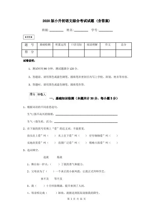 2020版小升初语文综合考试试题 (含答案)