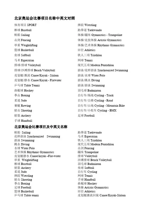 北京奥运会比赛项目名称中英文对照