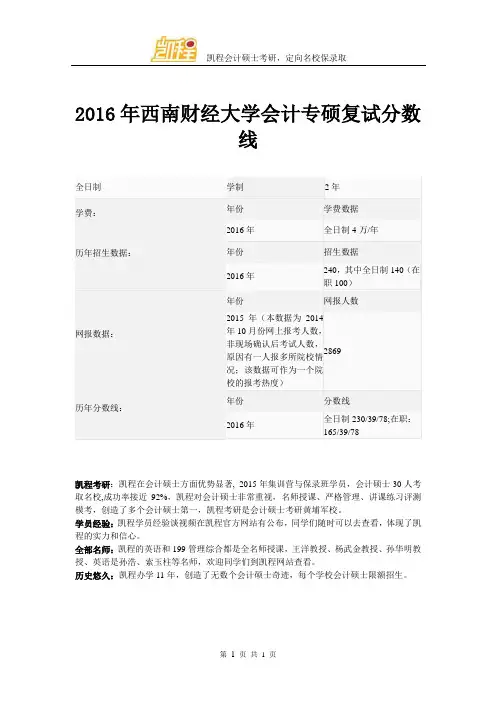 2016年西南财经大学会计专硕复试分数线