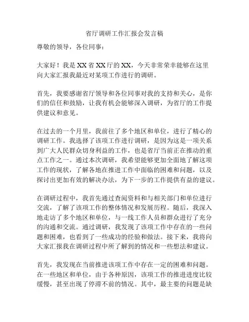 省厅调研工作汇报会发言稿