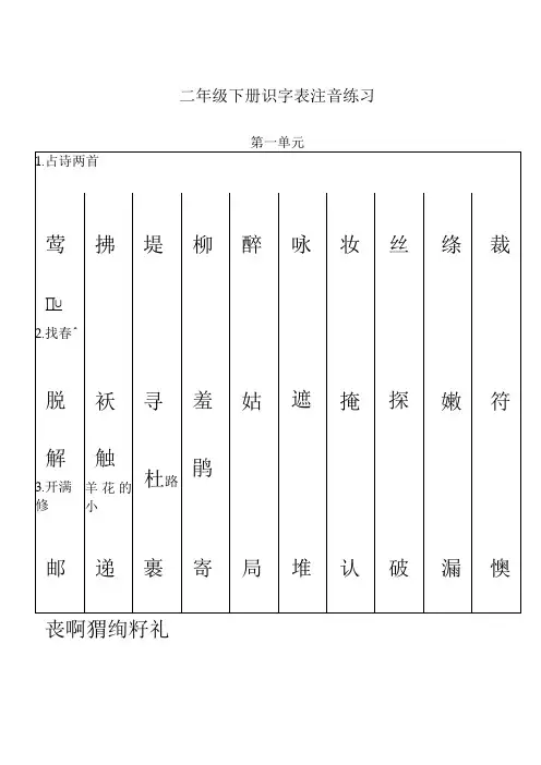 二年级下识字表注音一~四单元