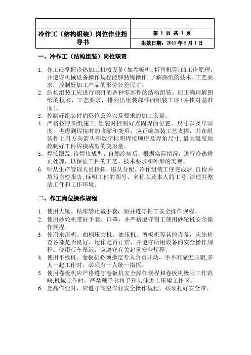 冷作工岗位职责及操作规程