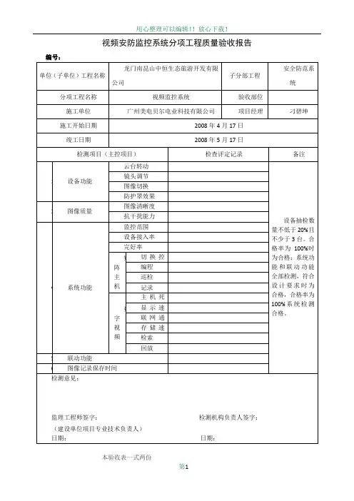 视频安防监控系统分项工程质量验收记录表