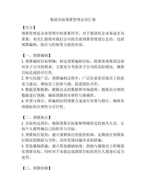 集团全面预算管理总结汇报