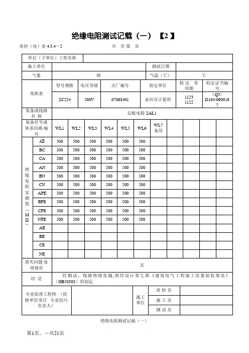 范例-绝缘电阻测试记录