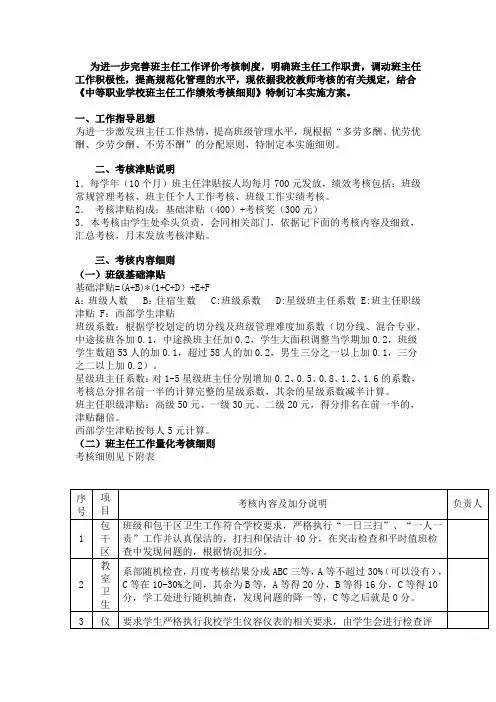 职业学校班主任工作绩效考核细则