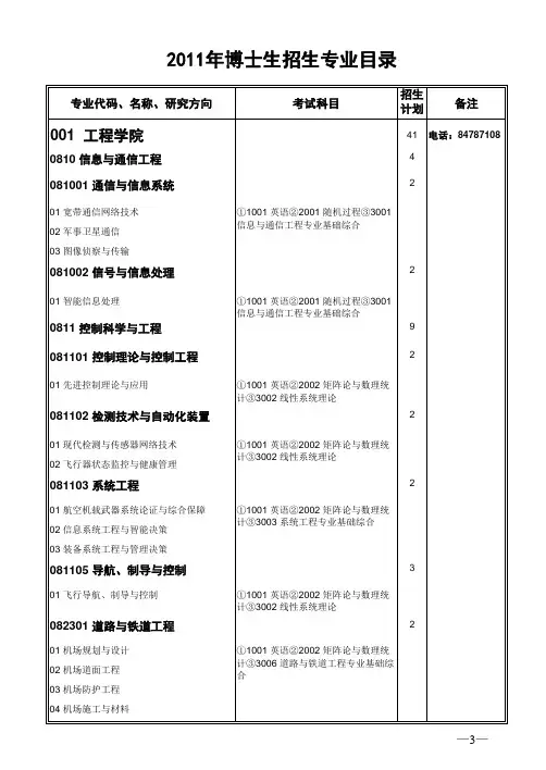 中国人民解放军空军工程大学2011年博士研究生招生专业目录及参考书目