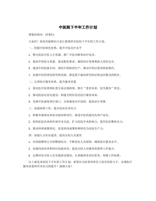 中医院下半年工作计划