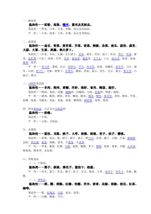 温热型、寒凉型食物分类