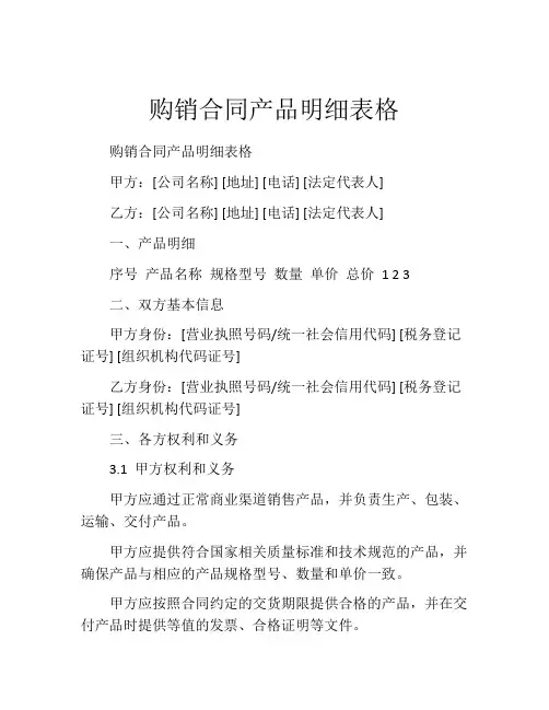 购销合同产品明细表格