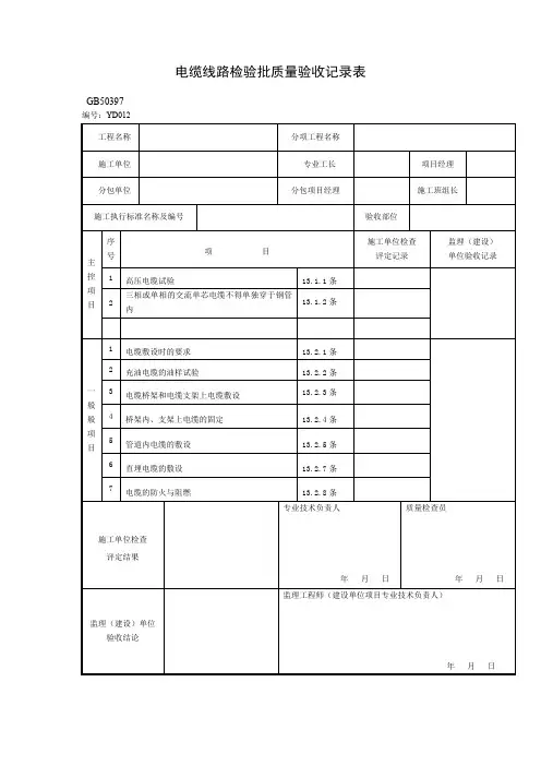 电缆线路检验批质量验收记录表