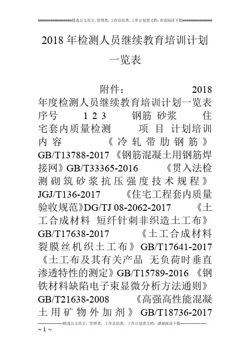 18年检测人员继续教育培训计划一览表